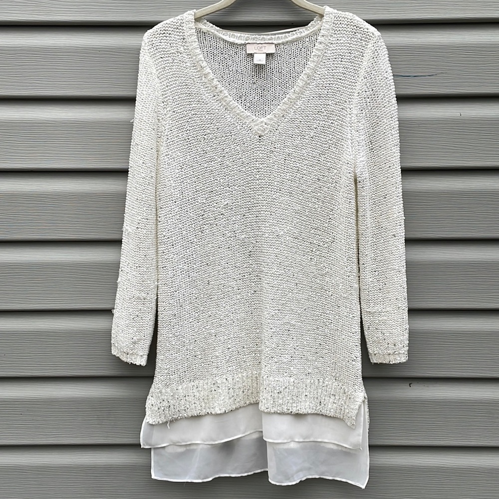 LOFT Ivory Sequin Tunic Knit Sweater